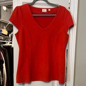 Red V-Neck Cap Sleeve Fitted Blouse